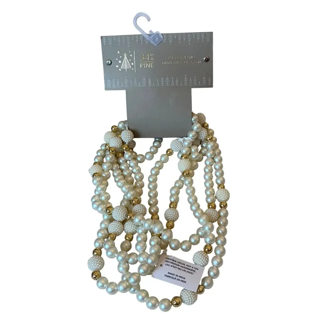 34th & Pine Faux Pearl Beaded Garland 12ft Christmas Holiday Glam Decor NEW